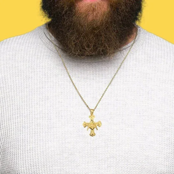 10K Solid Gold Freemason Cross Square and Compass Pendant